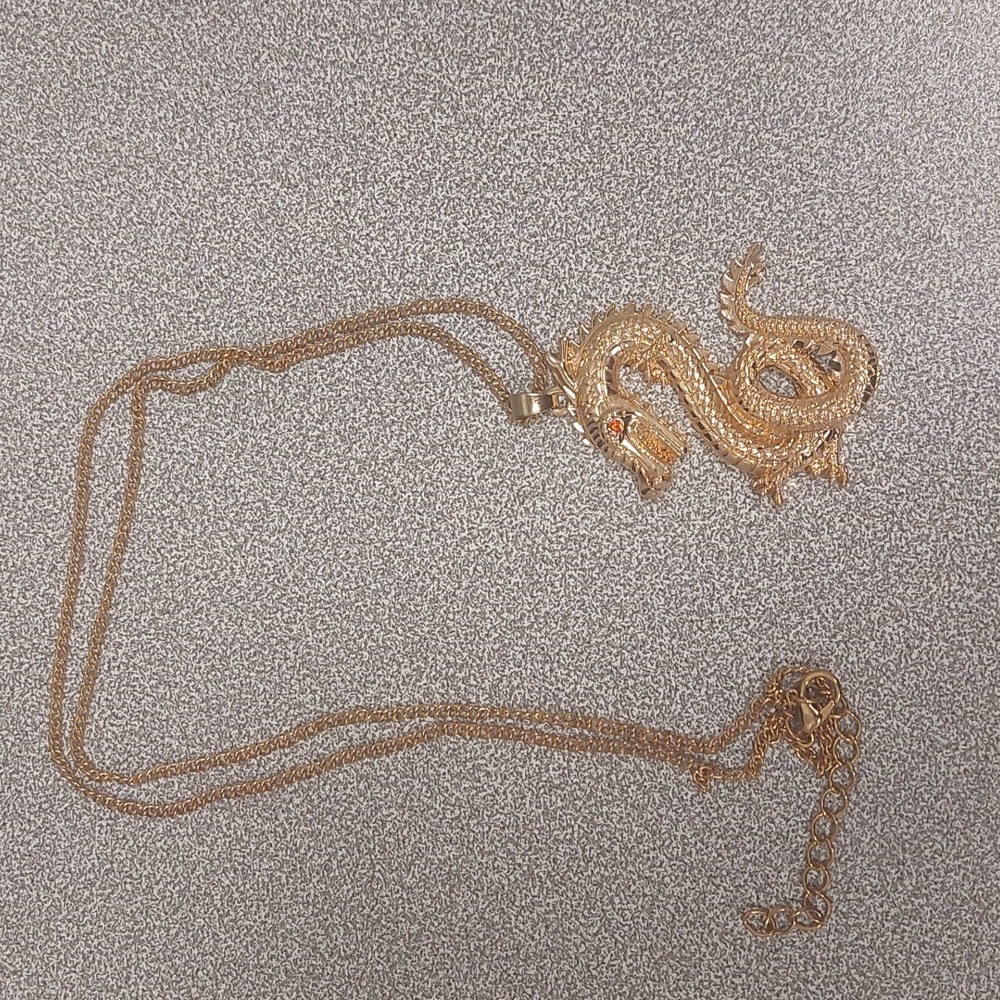 Gold Toned Red Eye Dragon Fashion Costume Long Necklace - Picture 8 of 16